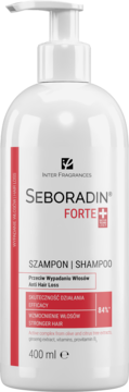 Biały szampon Seboradin Forte 400ml z pompką, do włosów wypadających, widok z przodu etykiety.