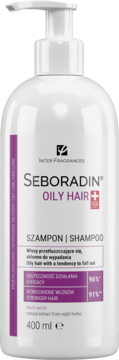 Biała butelka szamponu Seboradin Oily Hair 400 ml z pompką, widok z przodu, purpurowe detale.