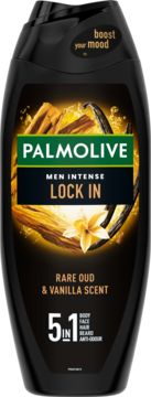 Palmolive Men Intense Lock In 5w1 żel pod prysznic o zapachu oud i wanilii, czarna butelka, widok z przodu.