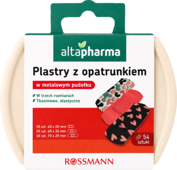 Altapharma plastry z opatrunkiem w beżowym metalowym pudełku, z wzorzystymi plastrami, widok z przodu.