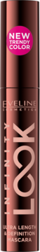Tusz do rzęs Eveline Infinity Look, różowozłota tubka z napisem 'NEW TRENDY COLOR' i 'ULTRA LENGTH & DEFINITION'.