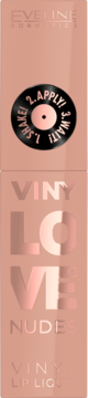 Płynna pomadka Eveline VinyLove Nudes Vinyl Lip Liquid o efekcie gloss w brzoskwiniowym opakowaniu, z grafiką winylu i instrukcją.
