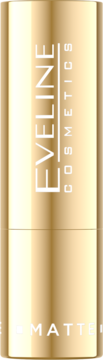 Złota, matująca pomadka do ust Eveline Cosmetics w pionowej tubce, z białymi napisami.