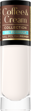 Coffee & Cream Gel Formula Nail Polish Primer, kremowy biały w szklanej butelce z brązową nakrętką, widok z przodu.