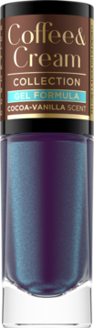 Lakier do paznokci Coffee & Cream GEL FORMULA, ciemny fioletowo-niebieski z metalicznym połyskiem, butelka z przodu.