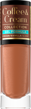 Lakier Coffee & Cream Gel Formula Cocoa-Vanilla Scent, butelka, błyszczący miedziano-brązowy odcień.