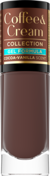 Lakier do paznokci Coffee & Cream, ciemnobrązowy, butelka z przodu, etykieta GEL FORMULA, Cocoa-Vanilla Scent.
