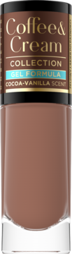 Lakier do paznokci Coffee & Cream Collection, żelowa formuła, o zapachu kakao-wanilia, w odcieniu kawowego brązu, widok z przodu.