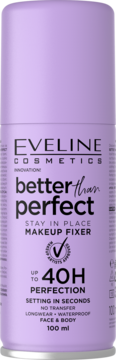 Eveline Better Than Perfect Makeup Fixer, 40H longwear, waterproof, no transfer, lavender spray bottle, front view.