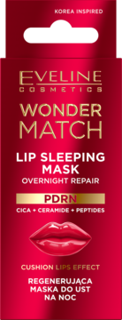 Czerwone opakowanie Eveline Wonder Match Lip Sleeping Mask z grafiką błyszczących ust. Maska regenerująca na noc z PDRN.