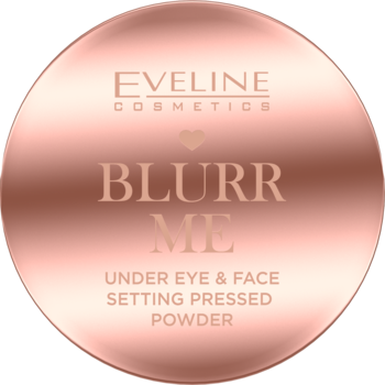 Eveline Cosmetics BLURR ME utrwalający puder prasowany, różowo-złote okrągłe opakowanie, widok z góry.