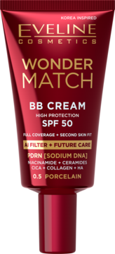 Eveline Wonder Match BB Cream SPF 50 0.5 Porcelain w czerwonej tubce, widok z przodu, złote napisy.