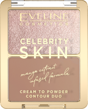 Eveline Celebrity Skin Contour Duo z ekstraktem z mango, różowy rozświetlacz i brązowy kontur w złotym kompakcie.