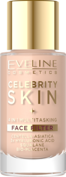 Eveline Celebrity Skin Face Filter, beżowy podkład 4w1 w szklanej butelce z złotą zakrętką, widok przód.