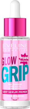Eveline Glow Grip Serum Primer w przezroczystej butelce z różową nakrętką i białym zakraplaczem, widok z przodu.