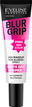 Eveline Blur Grip Matte Grip Primer, biało-różowa tuba, widok z przodu. Efekt blur, matowe wykończenie, PDRN, Zinc, Clay.
