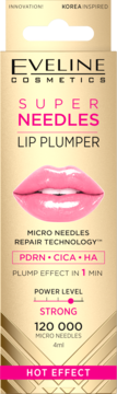 Eveline Super Needles Lip Plumper Hot Effect, złoty kartonik z grafiką różowych ust, widok z przodu.