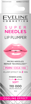 Eveline Cosmetics Super Needles Lip Plumper Cooling Effect, srebrne opakowanie z różowymi ustami.
