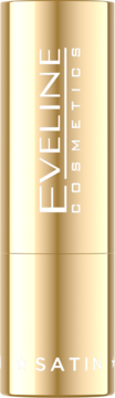 Złota, błyszcząca szminka Eveline Cosmetics w cylindrycznym opakowaniu, z napisem SATIN, widok z przodu.