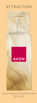 Avon Attraction woda perfumowana, złota butelka z różową etykietą "AVON" i ozdobnym korkiem, front.