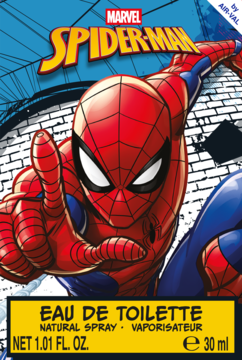 Perfumy Spider-Man 30ml EDT, czerwono-niebieska etykieta z komiksowym Spider-Manem celującym siecią, widok z przodu.
