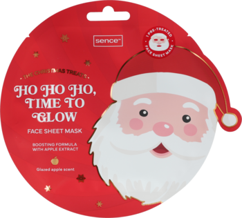 Sence Facial Mask Christmas Glazed Apple, czerwone okrągłe opakowanie z Mikołajem, napisem 'HO HO HO' i zapachem jabłka.