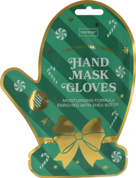 Sence Hand Mask Christmas Peppermint: zielona, rękawiczkowa saszetka z złotym kokardą i świątecznymi cukierkami.