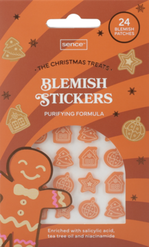 Sence Blemish Stickers Christmas Cookie. Pomarańczowe opakowanie z 24 oczyszczającymi plasterkami w świąteczne kształty.