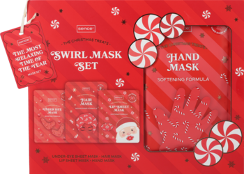 Sence Collection Christmas Treats zestaw masek, czerwone opakowanie, widok z góry, z maską do rąk i zestawem masek Swirl.