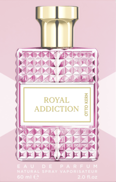 Otto Kern Royal Addiction 60ml EDP w różowym, fasetowanym flakonie ze złotym korkiem, na tle dopasowanego pudełka.