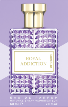 Fasetowana fioletowa butelka Otto Kern Royal Addiction EDP 60ml ze złotą zakrętką, widok z przodu na fioletowym tle.