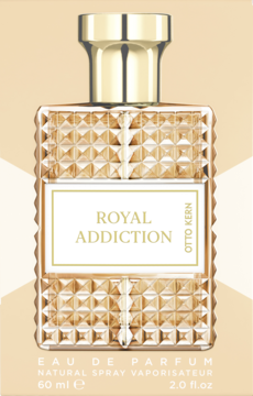 Woda perfumowana Otto Kern Royal Addiction 60ml w złotej, fasetowanej butelce, na beżowym opakowaniu, widok z przodu.