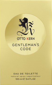 Złote pudełko Otto Kern Gentleman's Code, woda toaletowa 100ml dla mężczyzn, z czarnym logo lwa, widok z przodu.