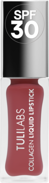 TULI LABS Collagen Liquid Lipstick w szklanej butelce z srebrnym korkiem, SPF 30, odcień bordowy, widok z przodu.