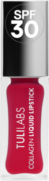 Czerwony płynny błyszczyk TULI ABS Collagen Liquid Lipstick z filtrem SPF 30, w przezroczystej butelce ze srebrną nakrętką.