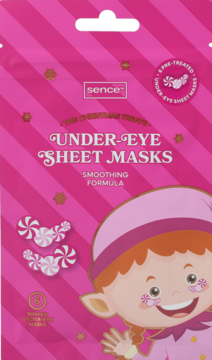 Różowa saszetka Sence Under-Eye Sheet Masks Christmas Candy Cane z elfem i wzorem w miętówki. Widok z przodu.