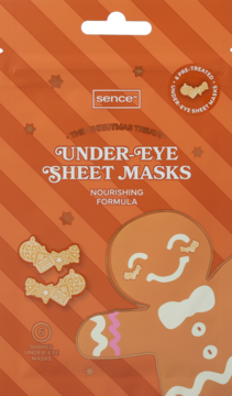 Sence Under-Eye Sheet Masks w pomarańczowej saszetce, grafika piernikowego ludzika, 6 par, nawilżająca formuła.