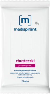 Biała saszetka Medispirant chusteczki antyperspirant, 20 sztuk, do potliwej skóry. Widok z przodu.