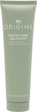 Origins Checks and Balances Frothy Face Wash w matowej zielonej tubce 150ml, widok z przodu z białymi napisami.