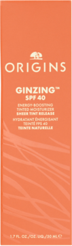 Origins Ginzing SPF 40 Tinted Moisturizer w pomarańczowym opakowaniu z białym tekstem, widok z przodu.