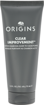 Origins Clear Improvement aktywna maska węglowa w szarej tubce 75ml, widok z przodu, z białym napisem.