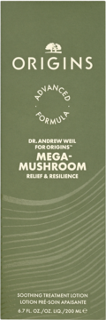 Origins Mega-Mushroom Relief & Resilience Soothing Treatment Lotion 200ml, oliwkowe opakowanie, widok z przodu.