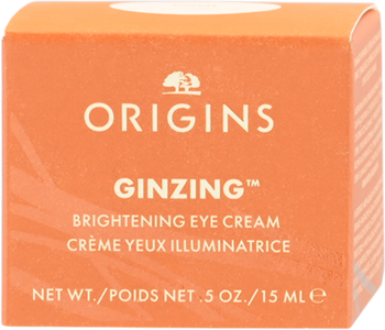 Pomarańczowe opakowanie kremu pod oczy Origins Ginzing Brightening Eye Cream, 15ml, białe logo, przód.