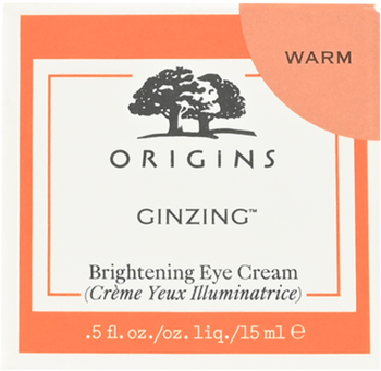 Origins GinZing Brightening Eye Cream w białym pudełku z pomarańczowym obramowaniem, logo drzewa i etykietą WARM.