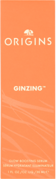 Origins GinZing Glow Boosting Serum, pomarańczowy kartonik 30ml, widok frontalny. Widać logo i nazwę produktu.