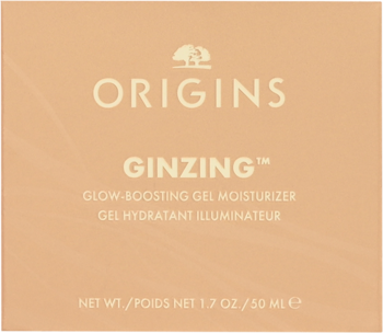 Origins GinZing Glow-Boosting Gel Moisturizer, jasnobeżowe pudełko z białym tekstem, widok z przodu.