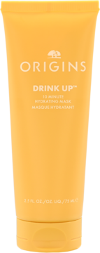 Origins Drink Up 10 Minute Hydrating Mask w pomarańczowej tubce, widok z przodu, z białymi napisami.