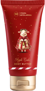 Stara Mydlarnia Apple Cake Body Butter w czerwonej tubce z owieczką, widok z przodu. Złota nakrętka.