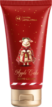 Czerwony krem do rąk Apple Cake Stara Mydlarnia ze złotymi kropkami, tuba z owieczką w stroju świątecznym.