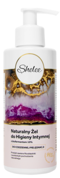 Shelee Naturalny Żel do Higieny Intymnej, biała butelka z pompką, etykieta z biofermentem, widok z przodu.
